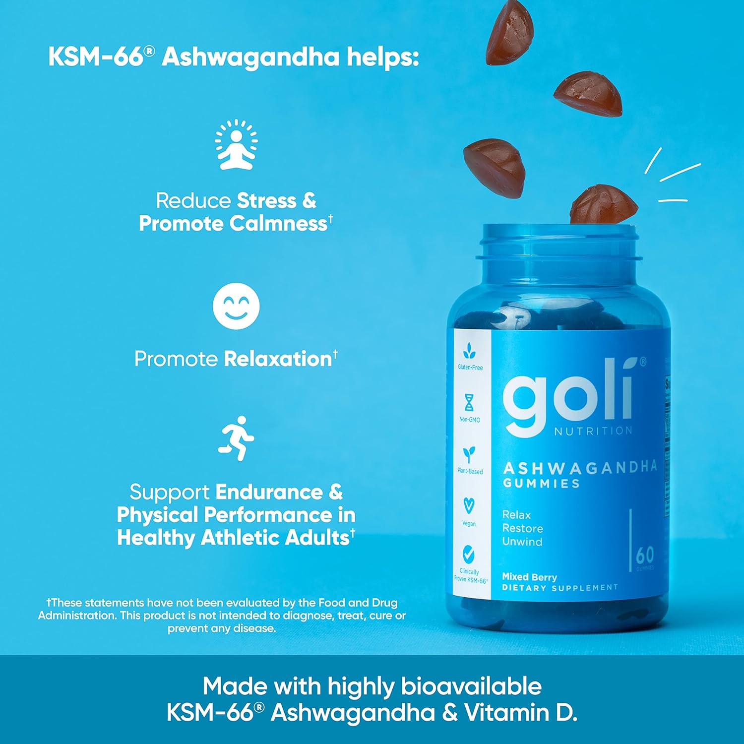 Goli Ashwagandha & Vitamin D Gummy - Mixed Berry, KSM-66, Vegan, Plant Based, Non-GMO, Gluten-Free & Gelatin Free. America's #1 Ashwagandha Brand