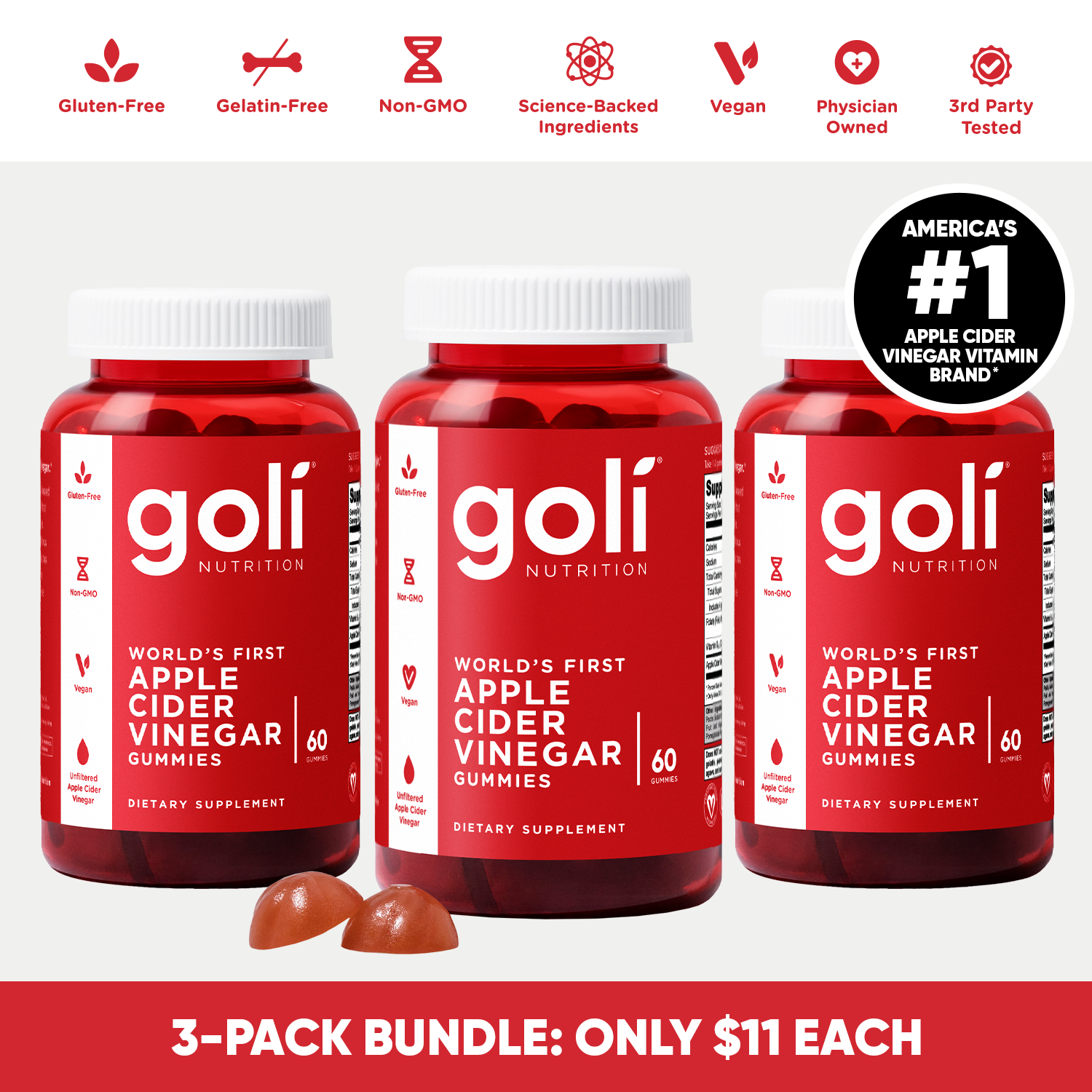 3 Bottles of Apple Cider Vinegar & Vitamin B12 Gummies